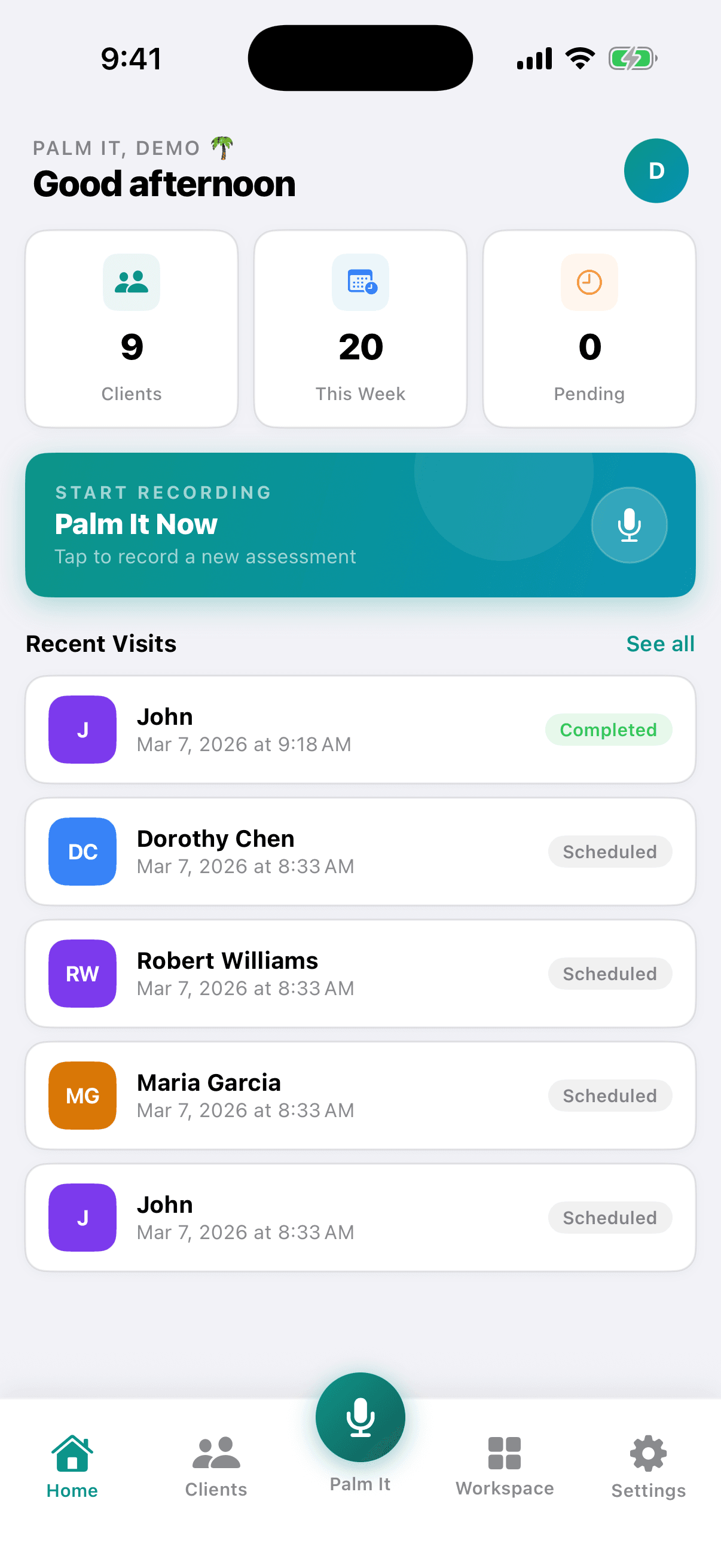 PalmCare AI home dashboard